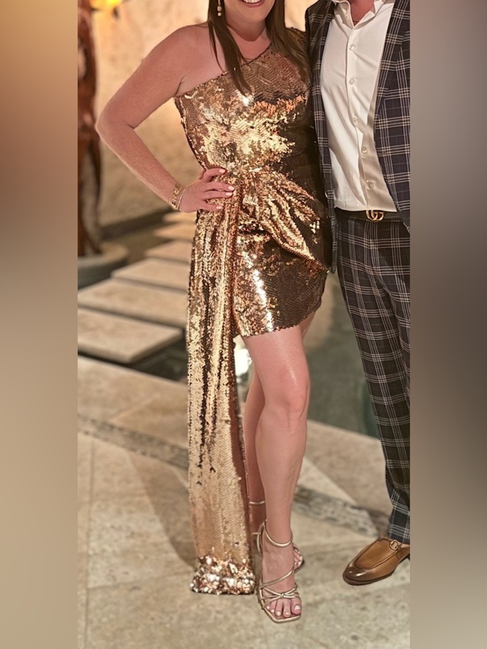 Nadine Merabi Celina Gold Sequin One Shoulder Draped Dress US 10